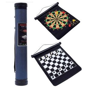 Magnetic Chess and Dart Board Kit. Set is in Blue with carrying strap